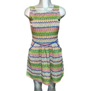 Maude Tribal Colorful Sleeveless Sheath Mini Dress Back Keyhole Pockets Sz Small